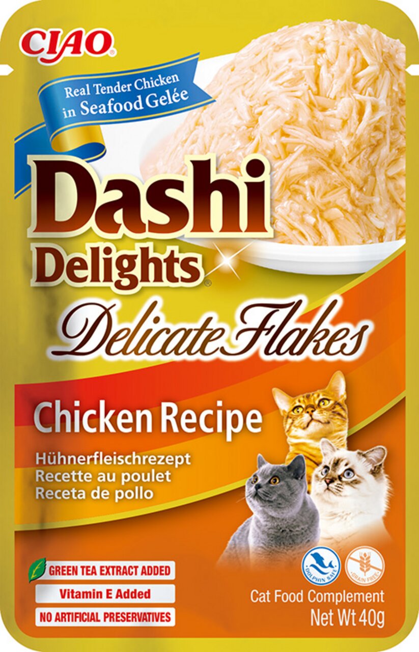 Ciao Dashi Delights Delicate Flakes für Katzen, Huhn in Meeresgelee, mit Grünteeextrakt, Vitamin E, 40 g Packung.