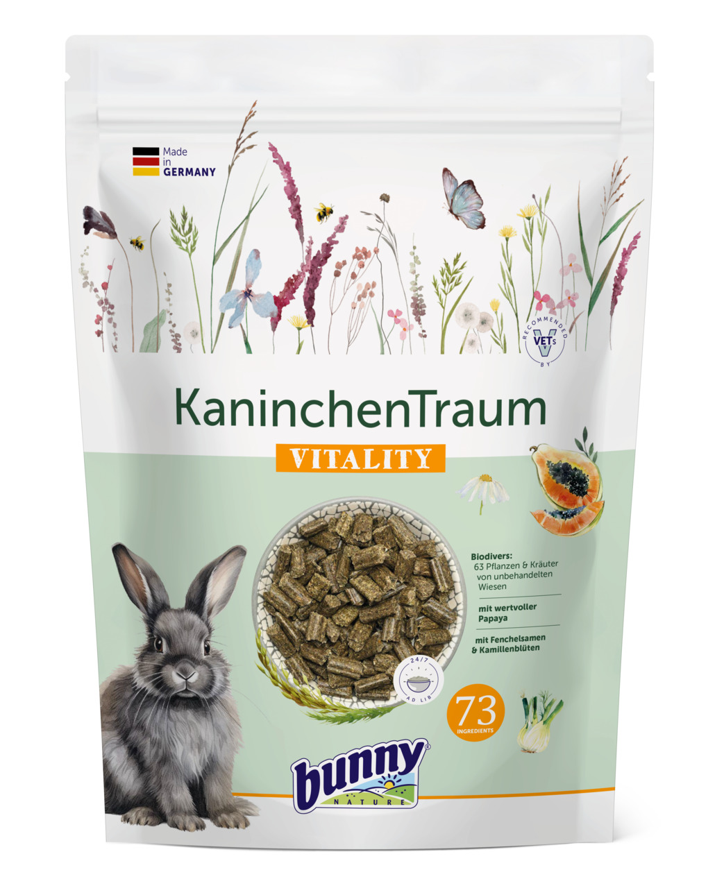 Bunny KaninchenTraum VITALITY: Premium-Futter für Kaninchen, 63 Pflanzen & Kräuter, Papaya, Fenchel, Kamille, 73 Zutaten.