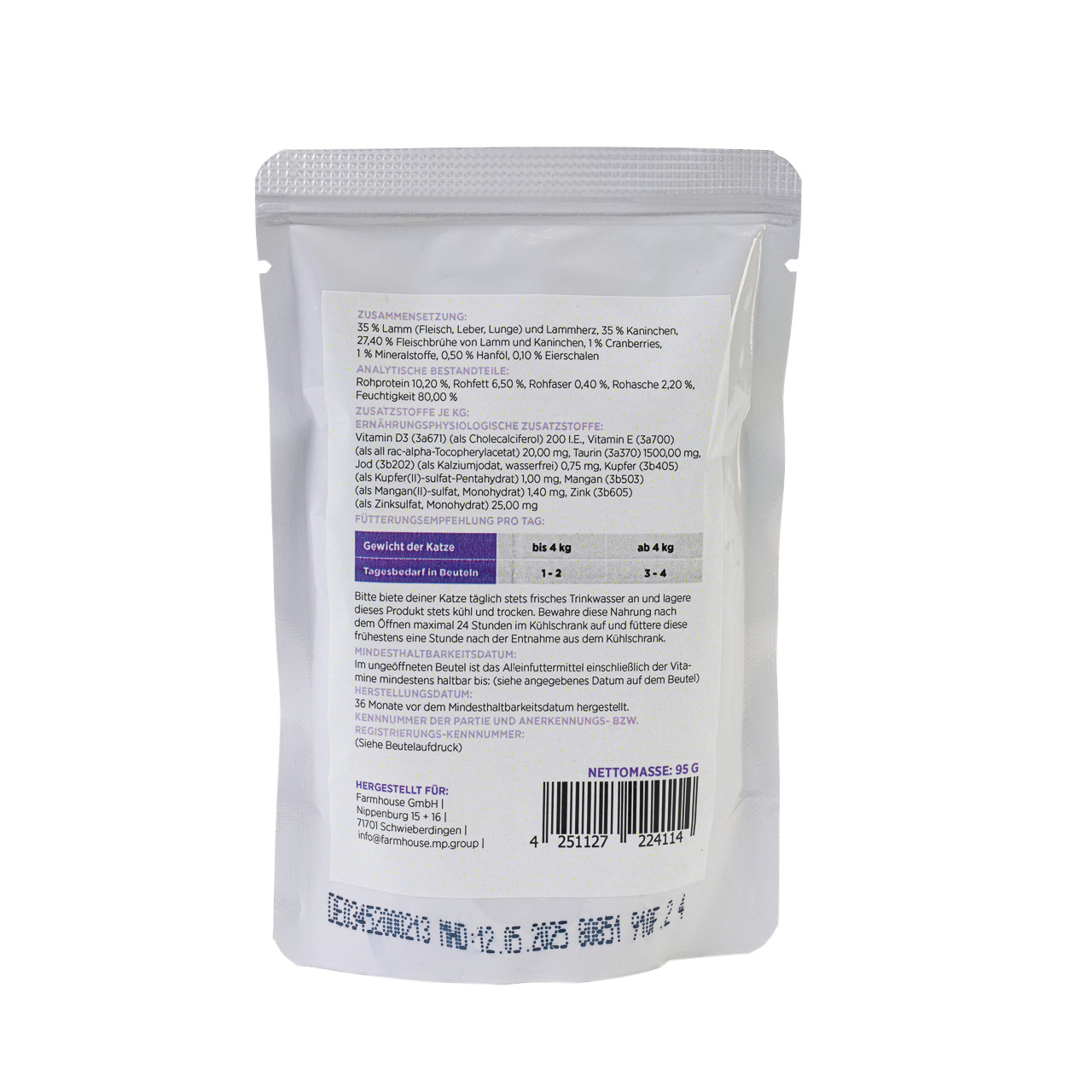 Mincas MINCAS HÄPPCHEN Nassfutter für Katzen, Lamm & Kaninchen, 95 g, mit Angaben zu Zusammensetzung & Fütterungsempfehlungen.