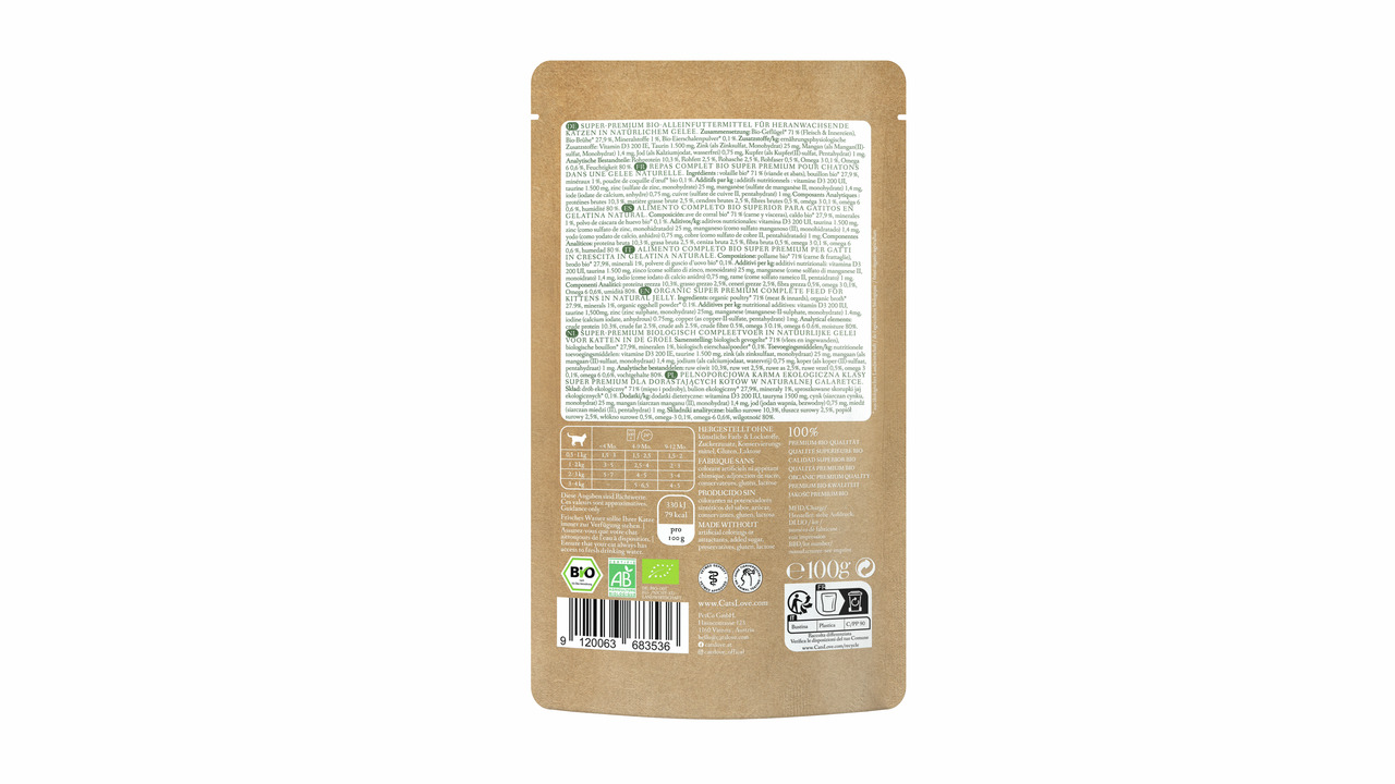 Das Bild zeigt ein Produkt aus dem Tierbedarf der Marke Cat's Love. Es handelt sich um hochwertiges Katzenfutter, speziell für ausgewachsene Katzen entwickelt. Die Geschmacksrichtung ist nicht angegeben. Die Verpackung ist gut sichtbar und enthält eine Me