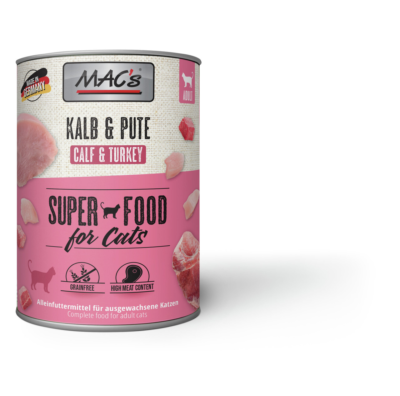 MAC's Kalb & Pute, Katzenfutter f. ausgew. Katzen, getreidefrei, hoher Fleischanteil, Super Food for Cats, 400 g, Made in Germany.