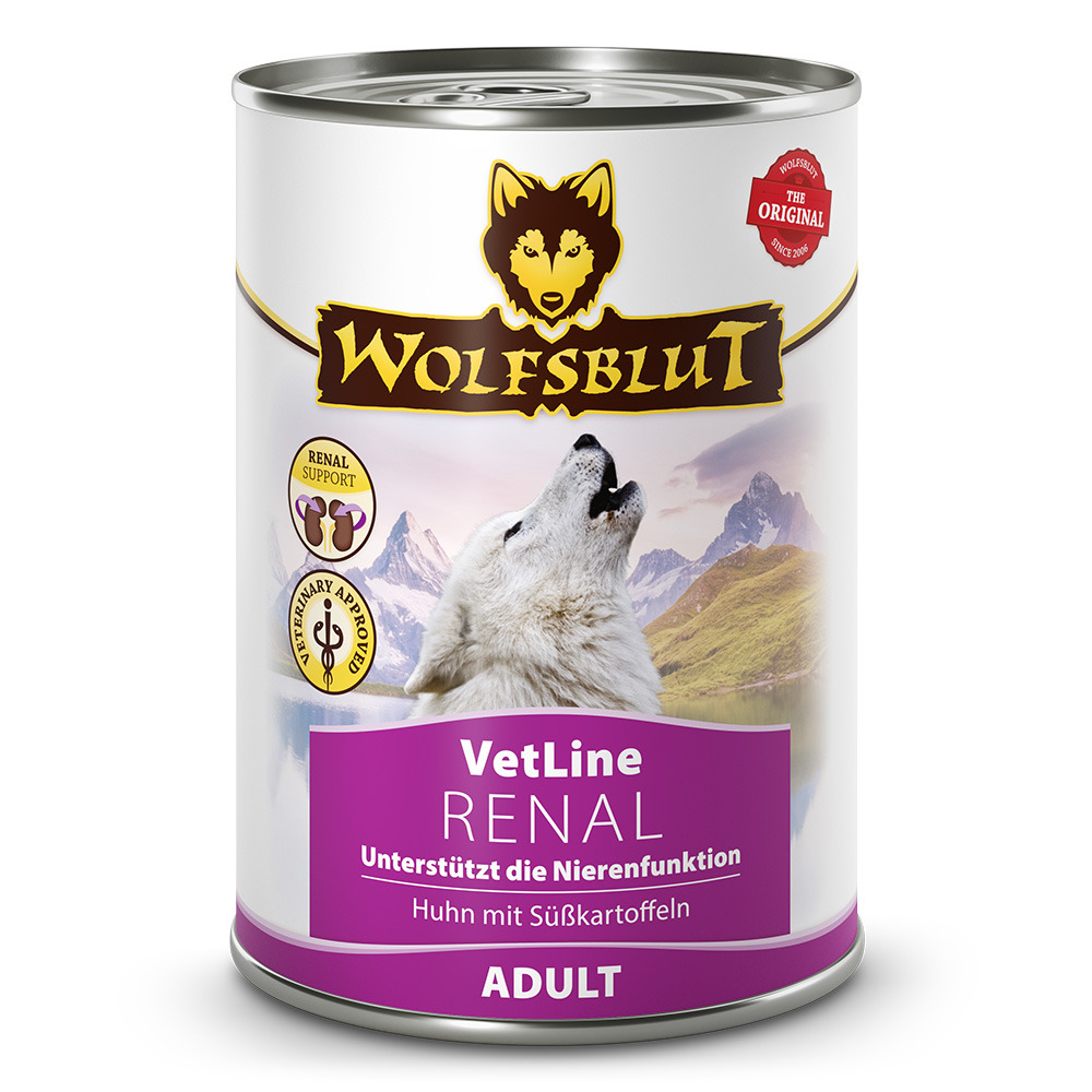 WOLFSBLUT VetLine RENAL, Hundefutter für erw. Hunde, Huhn & Süßkartoffeln, unterstützt Nierenfunktion, 395 g.