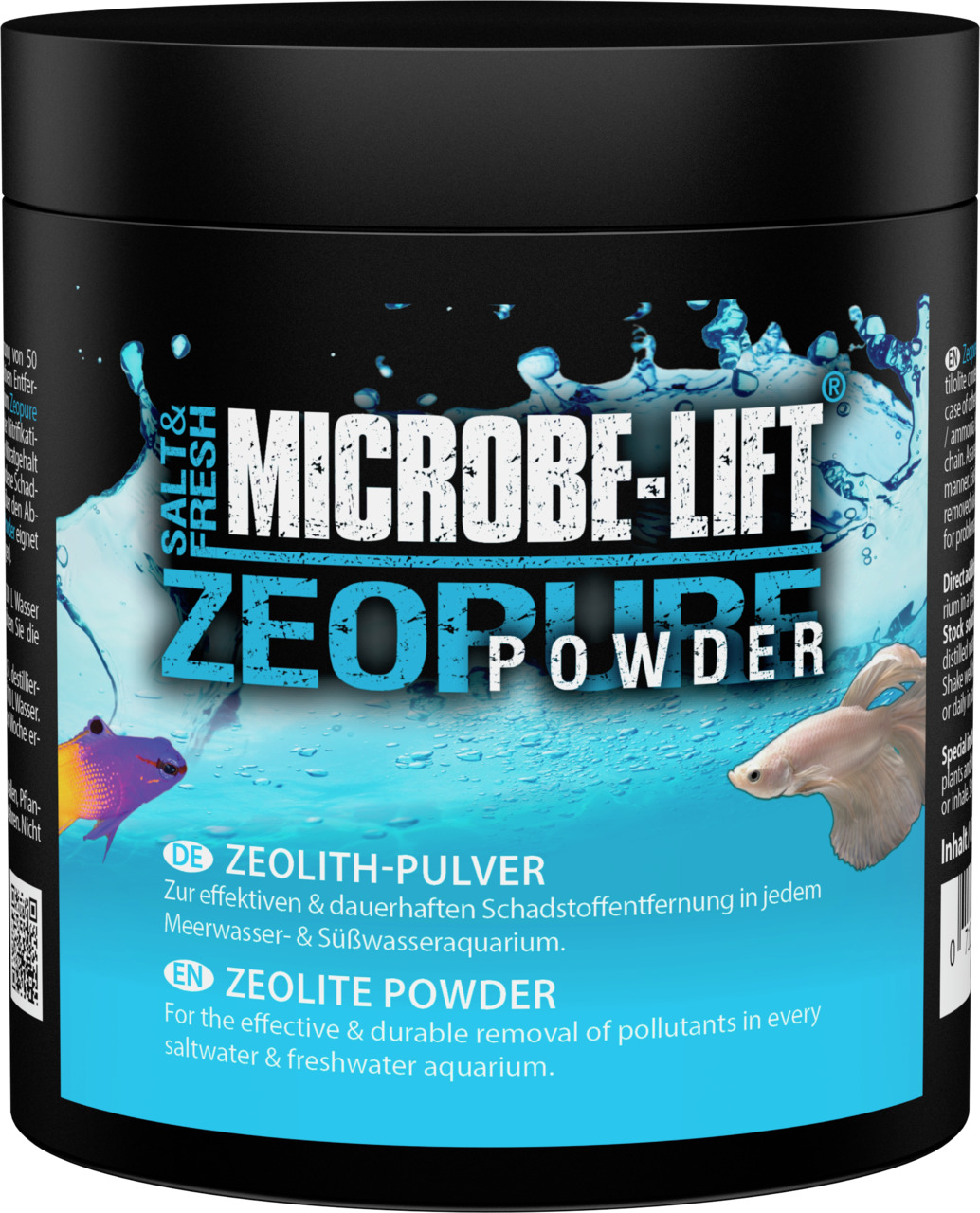 Das Bild zeigt eine schwarze Dose des Produkts "MICROBE-LIFT ZeoPure Powder" der Marke MICROBE-LIFT. Es handelt sich um ein Zeolith-Pulver zur effektiven und dauerhaften Schadstoffentfernung in Meerwasser- und Süßwasseraquarien. Die Zielgruppe sind Aquari