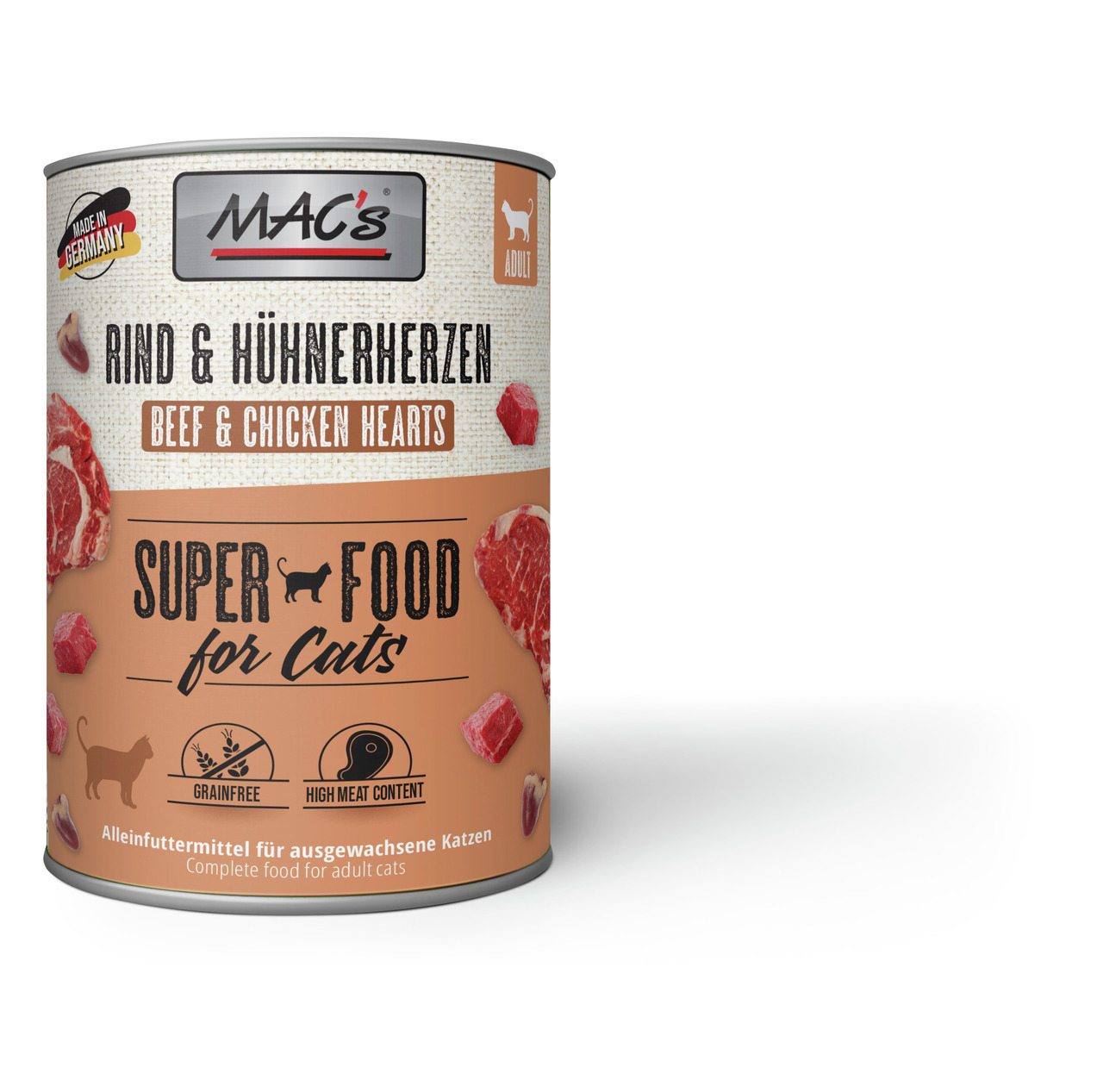 MAC's Katzenfutter Rind & Hühnerherzen, 400 g, getreidefrei, hoher Fleischanteil, Alleinfutter f. erw. Katzen, „Super Food for Cats“.