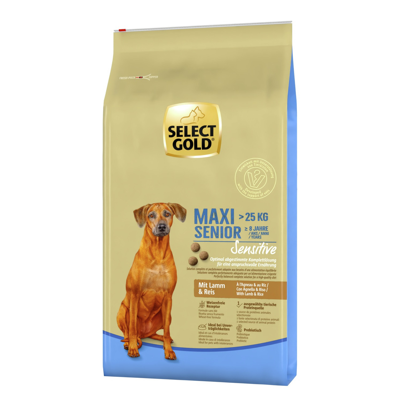 Select Gold Maxi Senior Sensitive, Hunde ab 8 J. & >25 kg, Lamm & Reis, weizenfrei, 12 kg, für ernährungssensible Hunde.