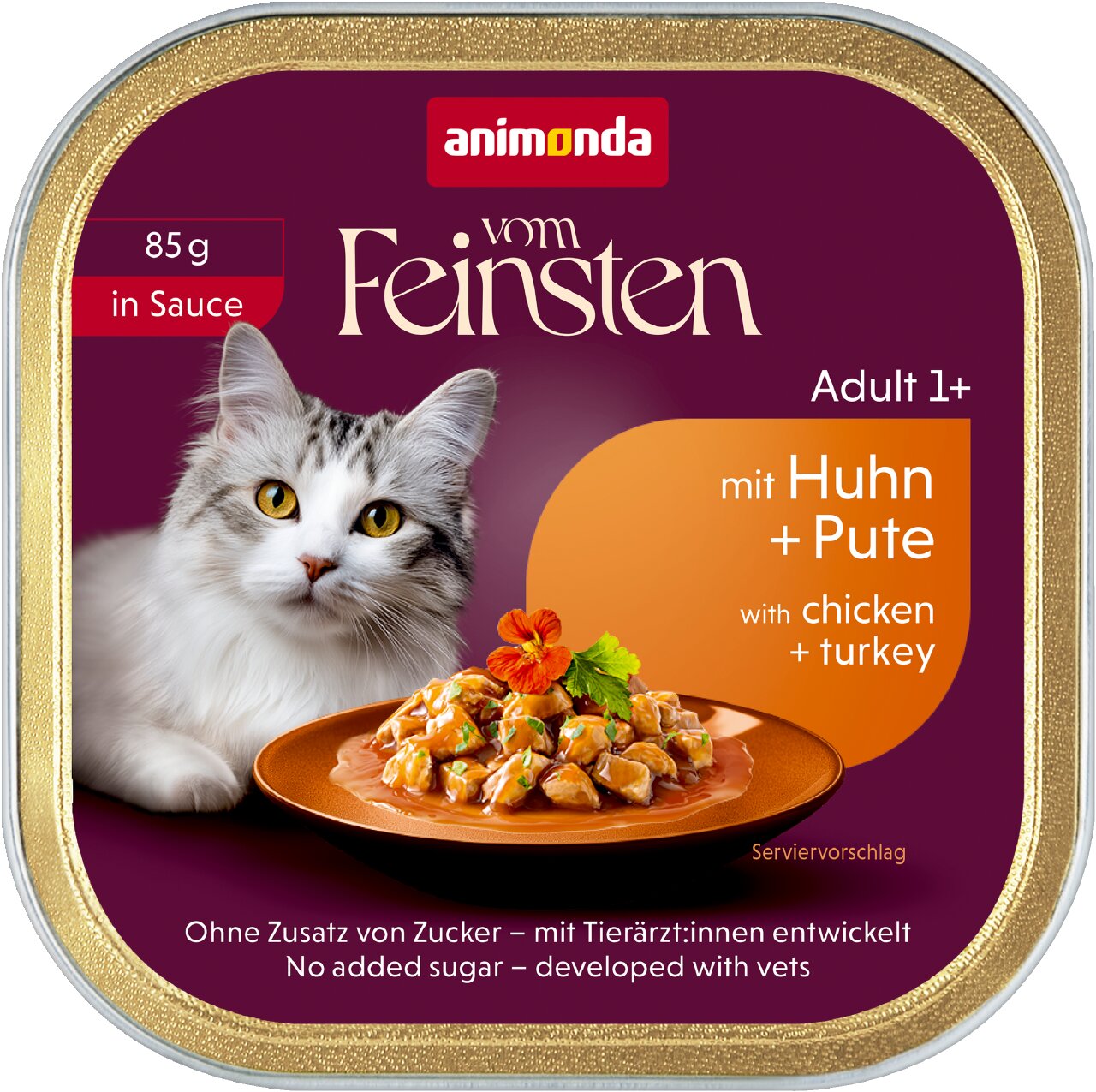 animonda vom Feinsten Adult 1+ für Katzen, mit Huhn und Pute in Sauce, ohne Zuckerzusatz, tierärztlich entwickelt, 85 g