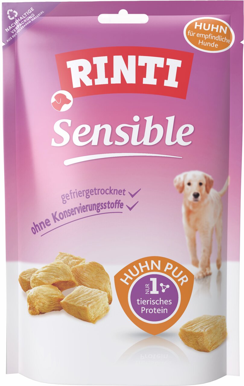 RINTI Sensible, gefriergetrocknetes Huhn für empfindliche Hunde, Huhn pur, reich an tierischem Protein, ohne Konservierungsstoffe.