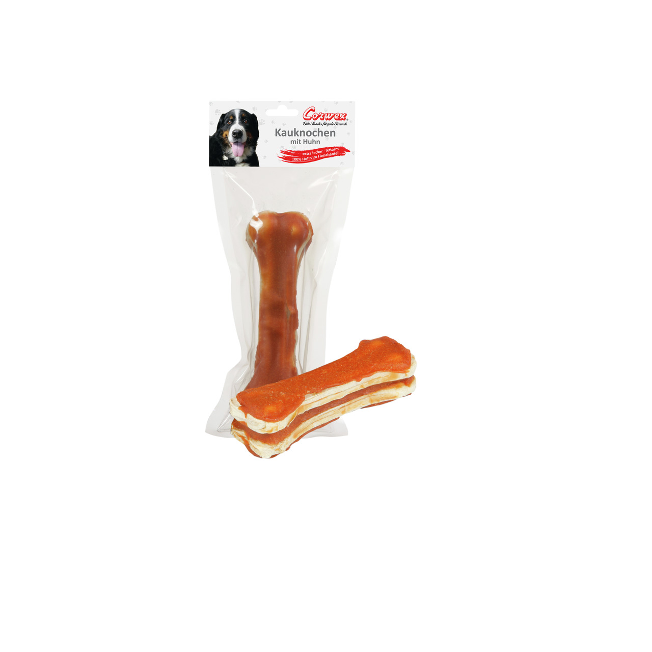 Corwex Kaukknochen Huhn, Kauspielzeug für Hunde, Rinderhaut mit Hühnerfleisch, Zahnpflege, langer Kauspaß, 1 großer Kauknochen.