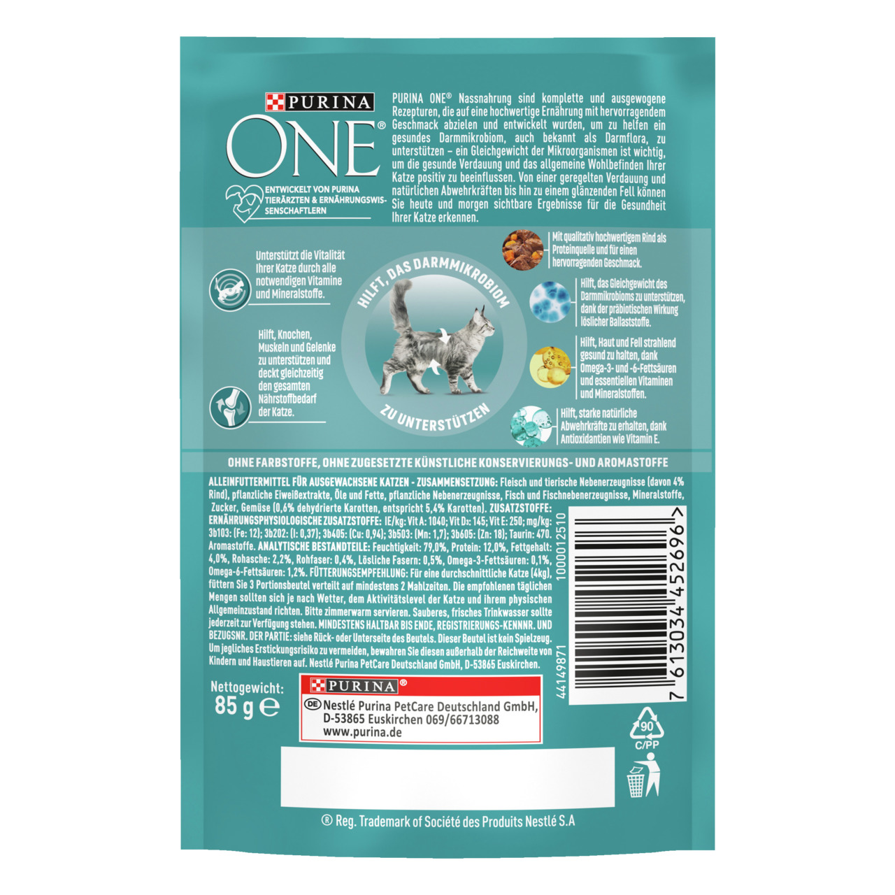 Purina ONE Nassnahrung, erw. Katzen, Huhn, unterstützt Darmmikrobiom & Vitalität, ohne künstl. Zusätze, 85 g.