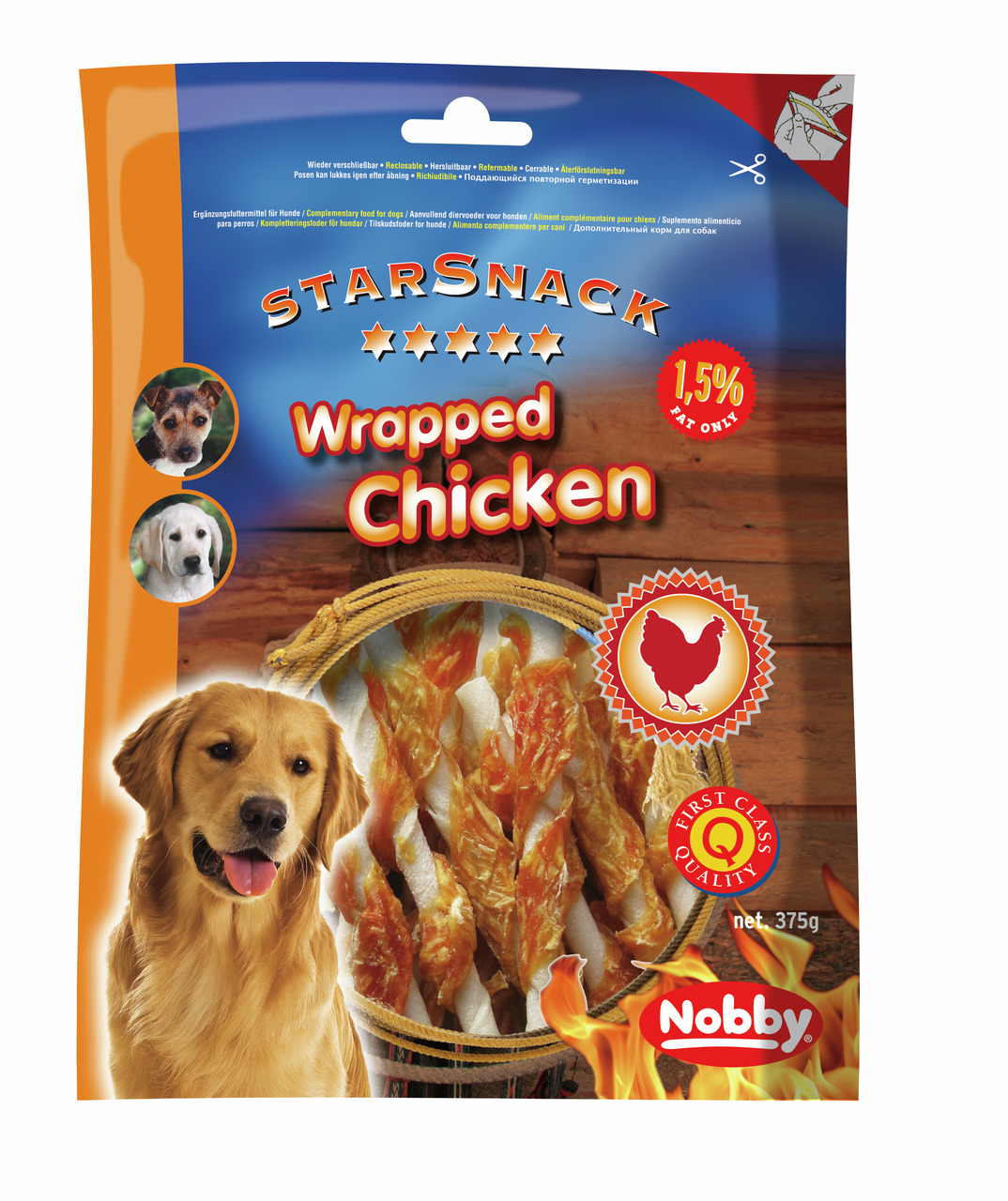 Nobby StarSnack Wrapped Chicken, Snack für Hunde, Huhn, 375 g, 1,5 % Fett, First Class Quality.