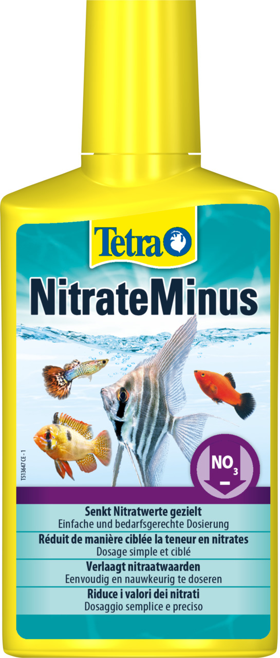 Tetra NitrateMinus, für Aquarienfische, senkt gezielt Nitratwerte, einfache Dosierung, 250 ml, Etikett: Zierfische vor blauem Hintergrund.