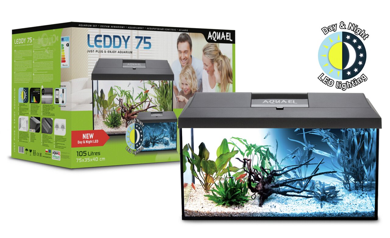 AQUAEL LEDDY 75 Aquarium-Set (105 L, 75x35x40 cm) mit LED-Beleuchtung für Tag/Nacht, ideal für Aquaristik-Fans, inkl. Starter-Set.