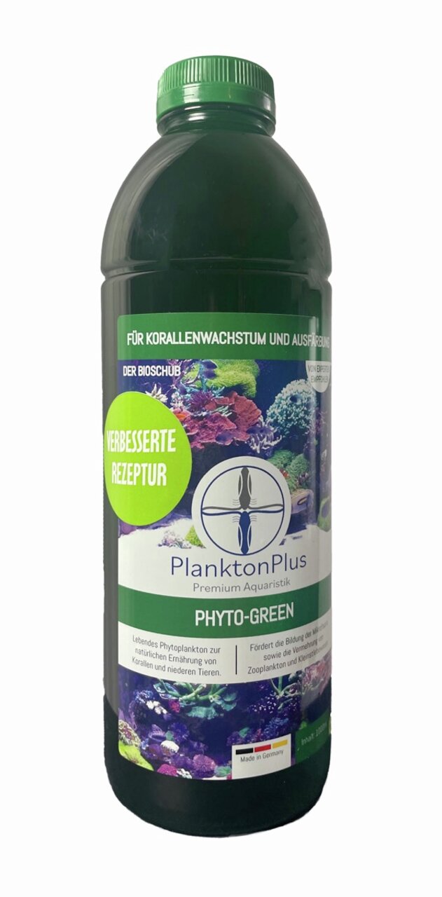 Plankton Plus Phyto-Green, 1L, für Aquarien (Korallen-niedere Tiere), fördert Wachstum-Ausfärbung, verb. Rezeptur, Made in Germany.