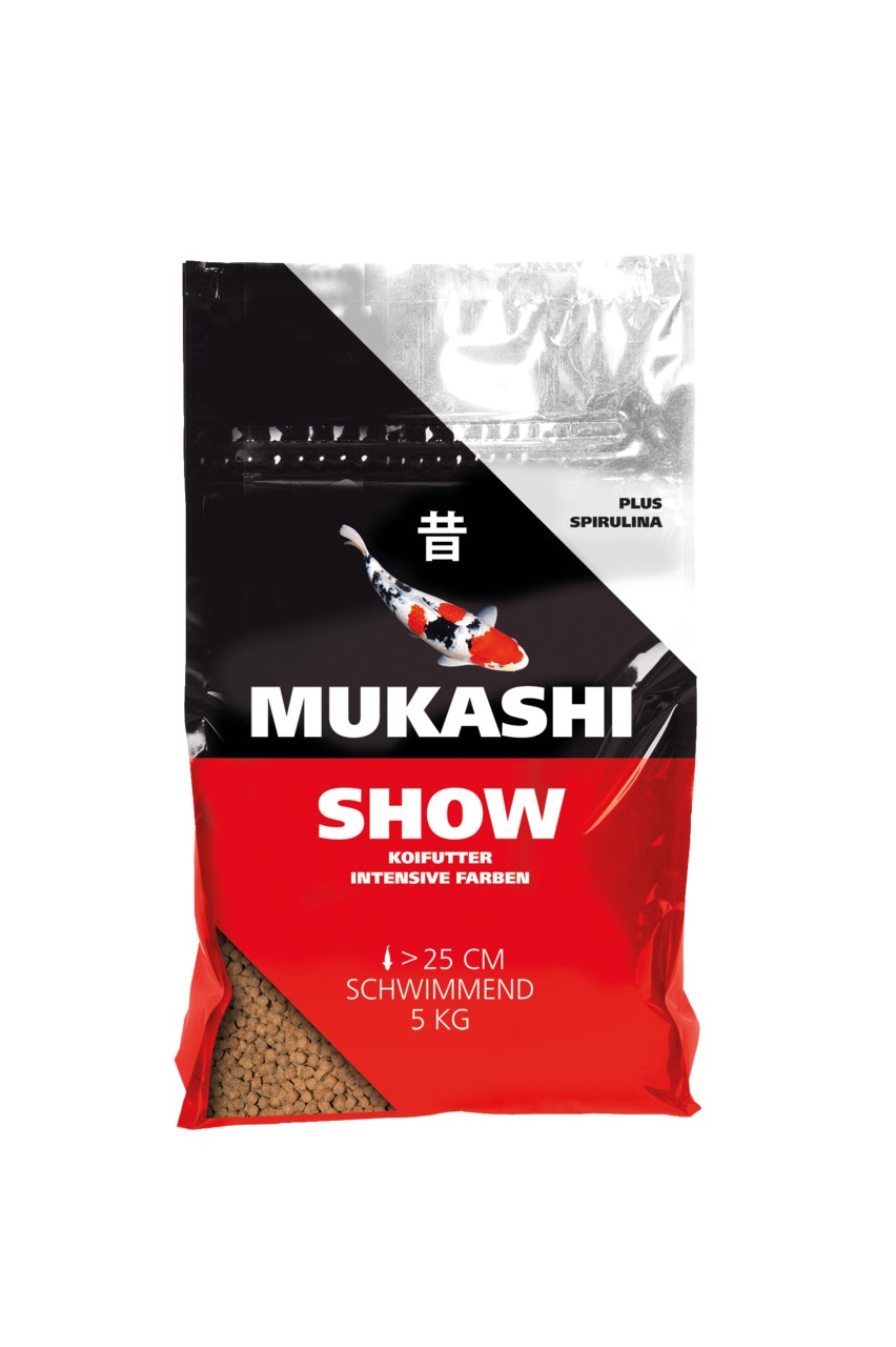 MUKASHI SHOW Koifutter, schwimmend, für Koi >25 cm, Spirulina für intensive Farben, 5 kg, Verpackung in Rot/Schwarz.