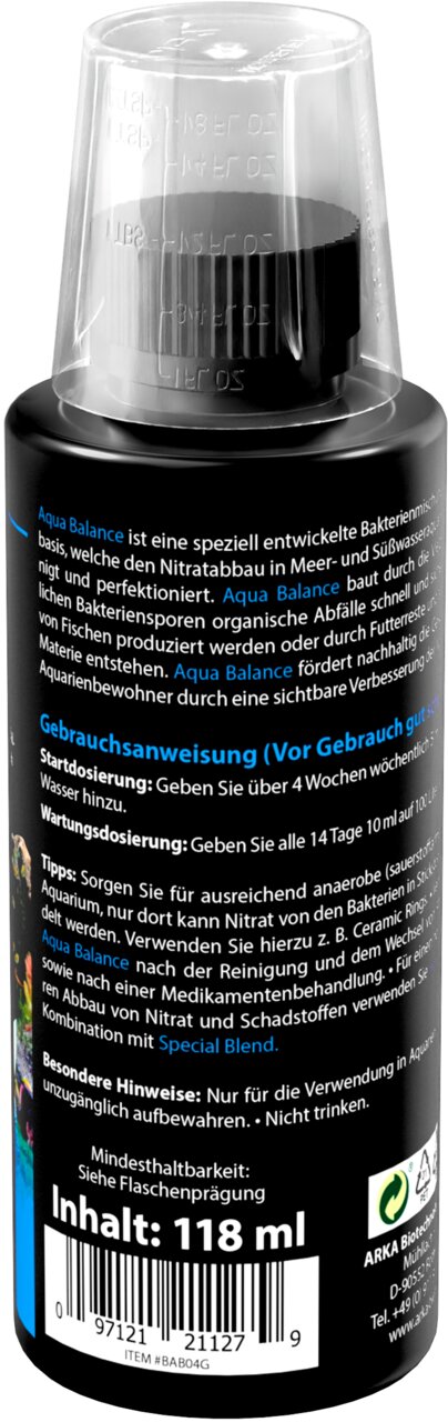 ARKA Aqua Balance Wasseraufbereiter für Meer- und Süßwasseraquarien, reduziert Nitrat, 118 ml Flasche.