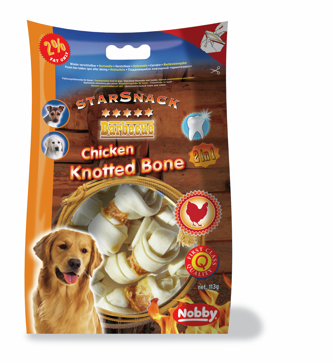 Nobby StarSnack Barbecue Chicken Knotted Bone: Kauknochen für Hunde, Hähnchengeschmack, 113 g, 2 % Fett, First Class Quality.