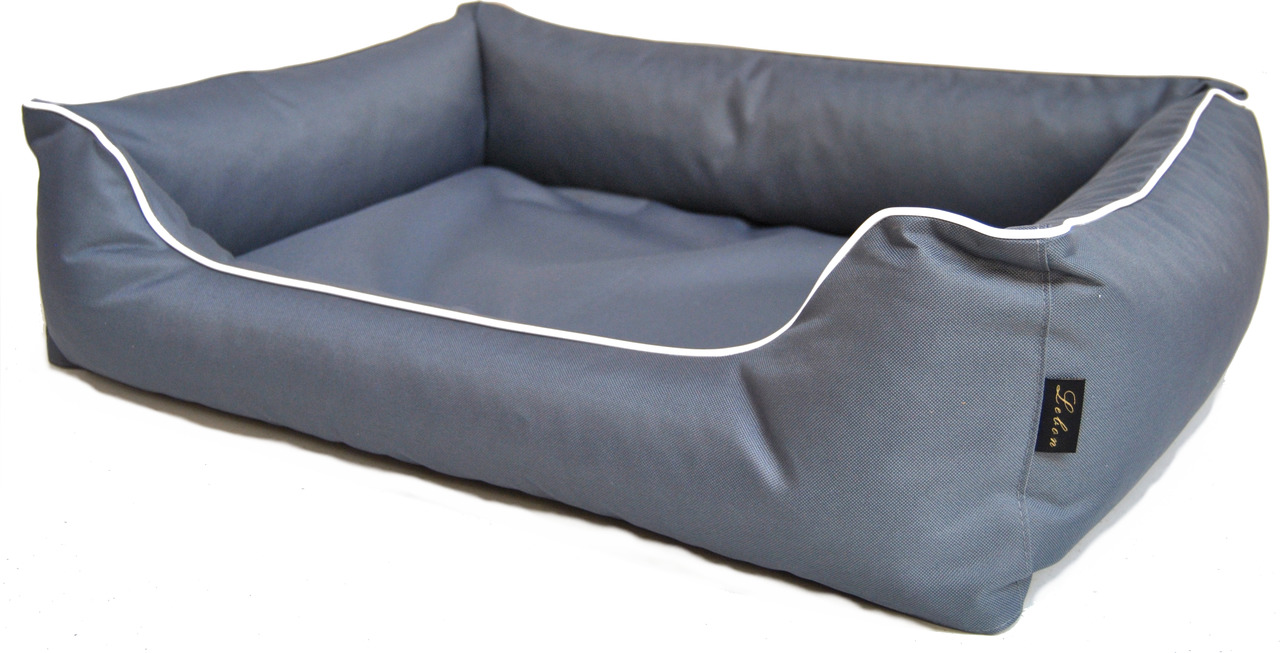 Hundebett LEBON, dunkelgrau, für alle Hundegrößen, mit gepolsterten Seiten, weißer Paspel, robust, komfortabel, ideal für Alltag.