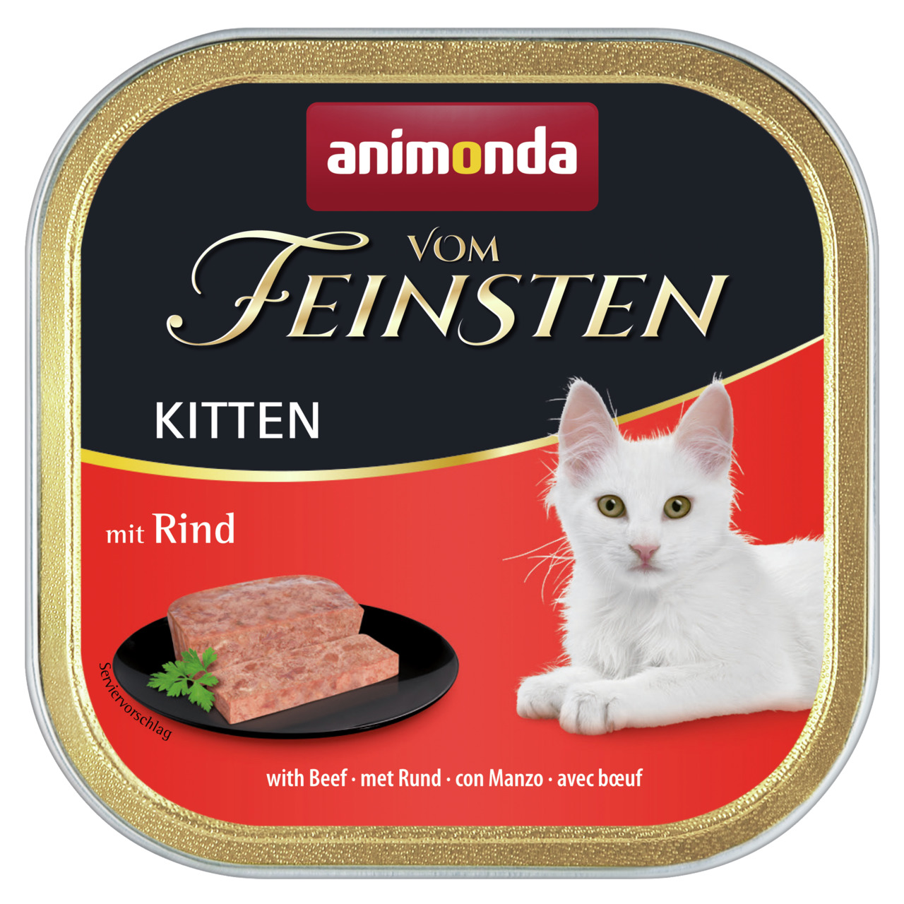 Animonda Vom Feinsten Kitten mit Rind, für junge Katzen, 100g, hochwertige Rezeptur, zartes Futter, schwarzes Design mit Kätzchen.