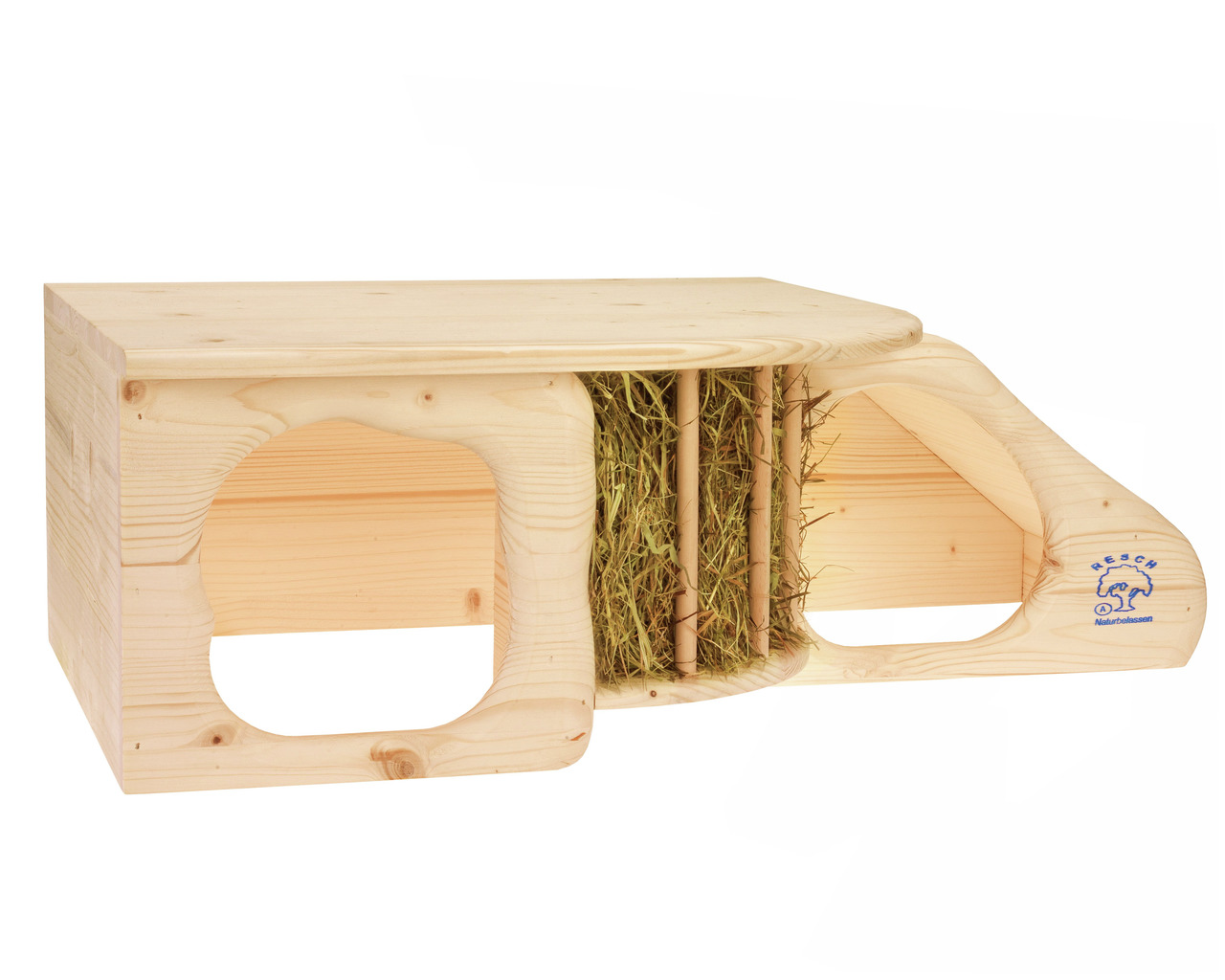 Resch Naturholz-Heuraufe-Haus für Kaninchen-Meerschweinchen, aus unbehandeltem Holz, Heuraufe+Unterschlupf, für naturnahe Haltung.