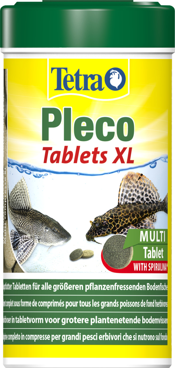 Das Bild zeigt eine gelb-grüne Verpackung des Produkts „Tetra Pleco Tablets XL“. Es handelt sich um Futtertabletten für größere, pflanzenfressende Bodenfische. Die Verpackung enthält 120 g und hebt Spirulina als Inhaltsstoff hervor. Zwei Welse sind abgebi