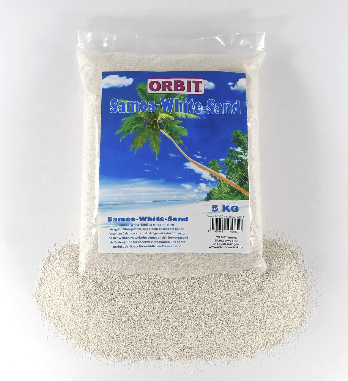 ORBIT Samoa-White-Sand, 5 kg, für Meerwasseraquarien, weißer Sand aus Aragonit-Kalkgestein, hoher Calciumcarbonat-Anteil.