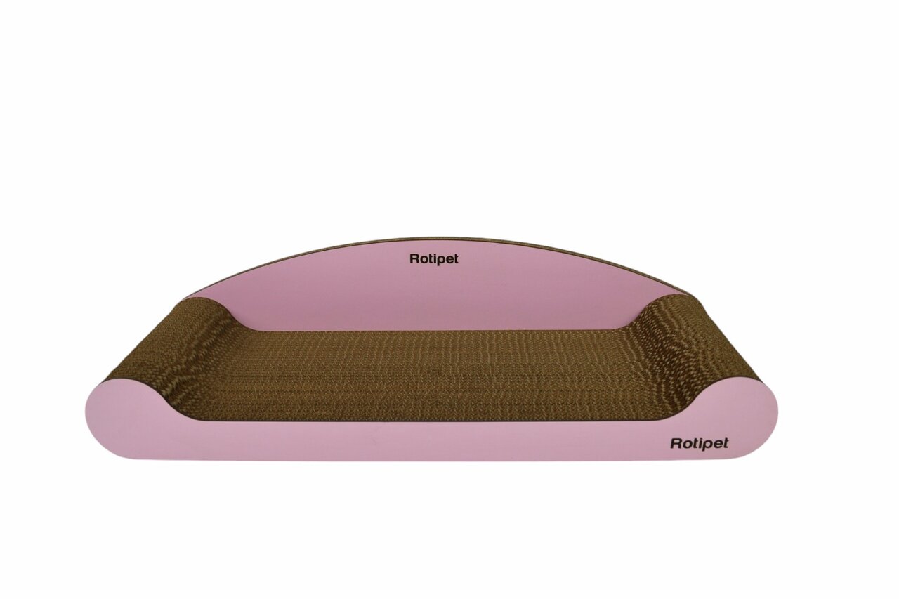 Rotipet Kratzbett für Katzen, rosa, Wellkarton, geschwungene Form, Komfort+Stabilität, fördert Krallenpflege, schützt Möbel.