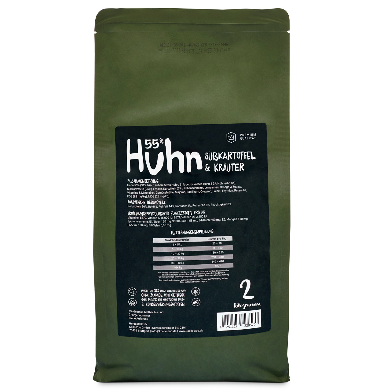 Lottis Häppchen 55 % Huhn Süßkartoffel & Kräuter, 2 kg, für Hunde, Premium, nat. Zutaten, ohne künstl. Zusätze.