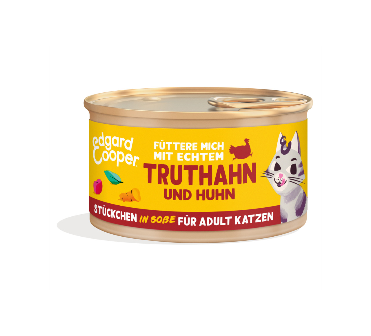 Edgard & Cooper Katzenfutter, Truthahn & Huhn, für ausgewachsene Katzen, Stückchen in Soße, „Füttere mich mit echtem Truthahn & Huhn“.