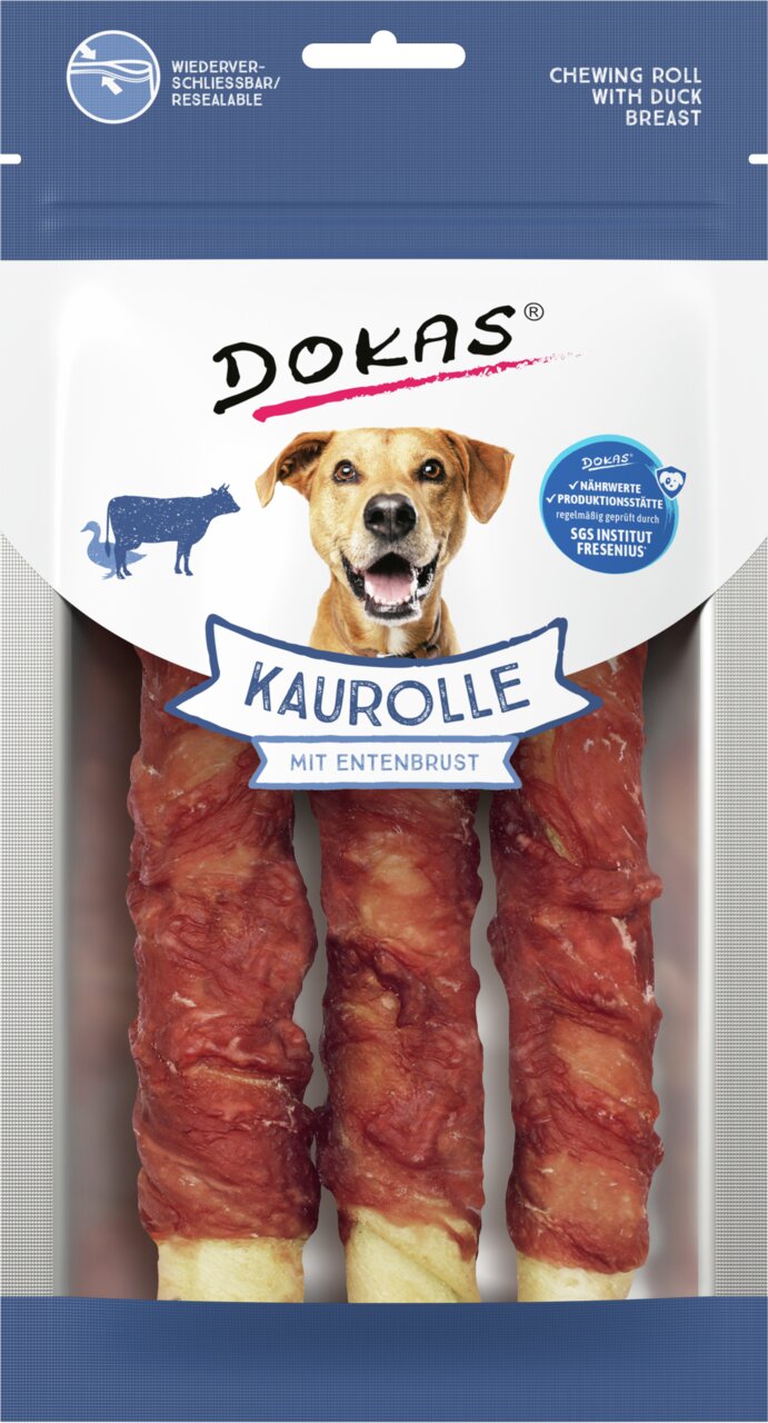 DOKAS Kaurolle für Hunde mit Entenbrust, 3 Stück, 90 g, fettarm, wiederverschließbar, ideal als Belohnung oder Snack.