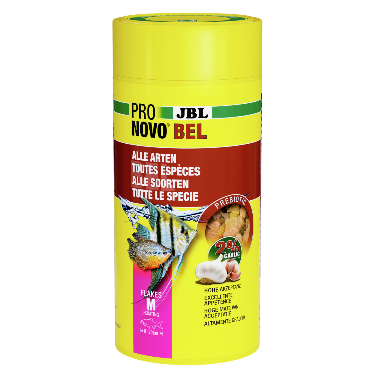 JBL ProNovo Bel Flakes M, Zierfische 8–20 cm, 2 % Knoblauch, fördert Akzeptanz, 250 ml, für alle Fischarten.