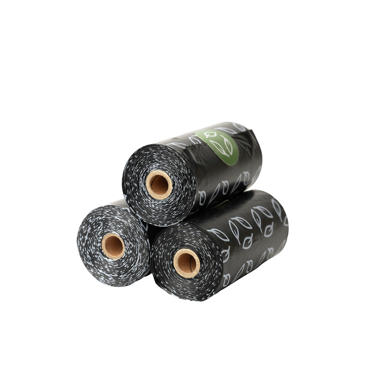 Drei schwarze Rollen biologisch abbaubarer Hundekotbeutel der Marke Allpets, bedruckt mit weißen Blättermotiven und einem grünen Logo. Geeignet für Hundebesitzer, die umweltfreundliche Lösungen suchen. Jede Rolle enthält mehrere Beutel, ideal für den tägl