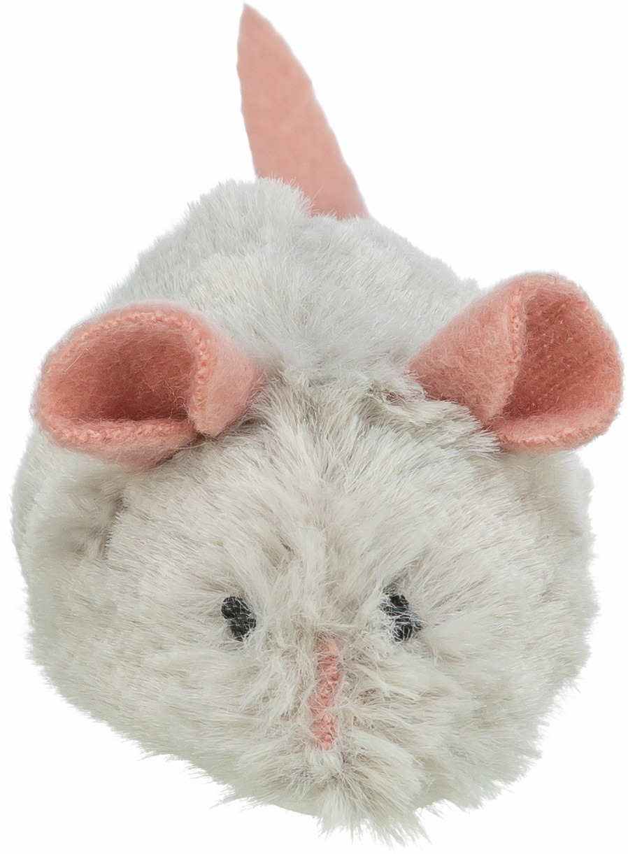 TRIXIE Plüschmaus für Hauskatzen, grau mit rosa Ohren/Schwanz, fördert Spieltrieb & Aktivität. Menge/Größe nicht erkennbar.