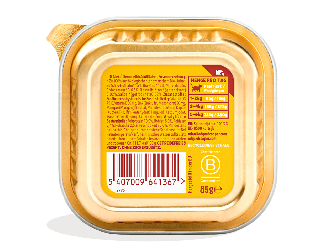 Das Bild zeigt die Rückseite einer goldenen 85g-Schale von Edgard & Cooper Bio-Katzenfutter für ausgewachsene Katzen. Es handelt sich um ein Alleinfuttermittel mit Bio-Huhn, Bio-Truthahn und Bio-Rind. Geeignet für kastrierte Katzen und Freigänger. Ohne Zu