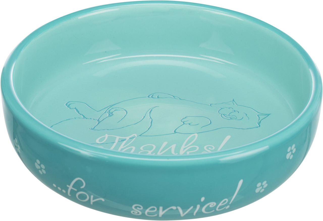 Türkisfarbener Futternapf der Marke TRIXIE mit der Aufschrift „Thanks!...for service!“ und einer Illustration einer entspannten Katze im Inneren. Geeignet für Katzen, ideal für Trocken- oder Nassfutter. Aus Keramik, robust und leicht zu reinigen. Fassungs