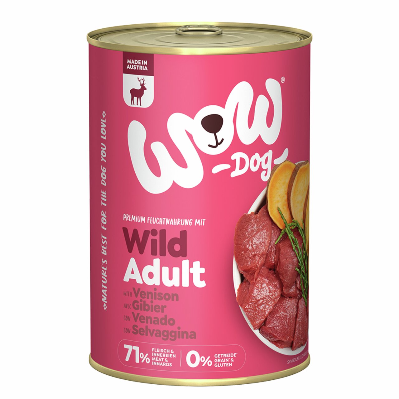 WOW DOG Feuchtfutter Wild für erwachsene Hunde, mit Wildgeschmack, 71 % Fleisch, getreidefrei, 400 g Dose, Made in Austria.
