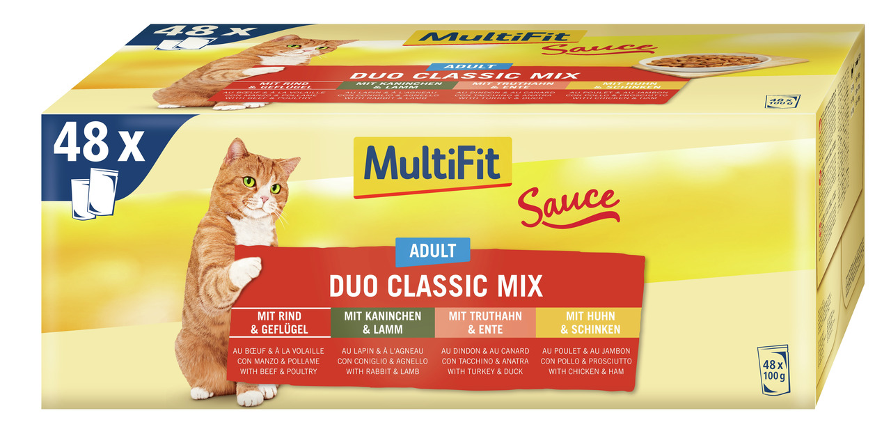 MultiFit Sauce Duo Classic Mix, Katzenfutter für ausgewachsene Katzen, 48x100g, 4 Sorten: Rind-Geflügel, Kaninchen-Lamm, Truthahn-Ente, Huhn-Schinken.