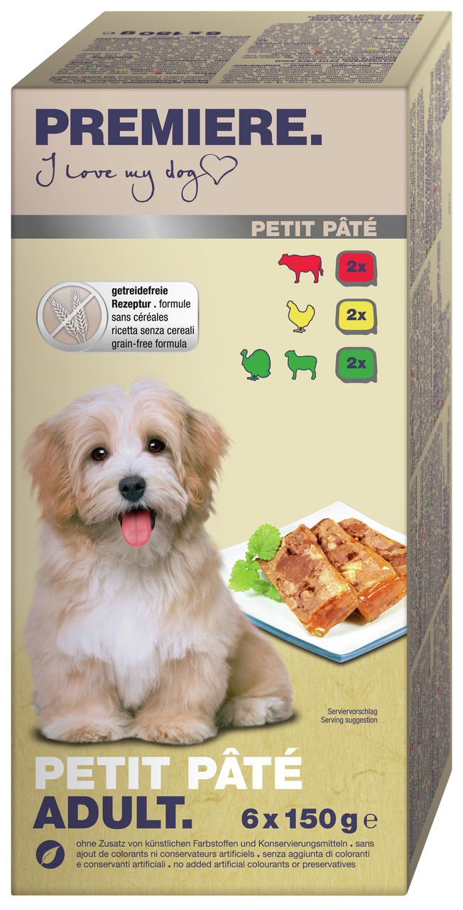 Das Bild zeigt eine Verpackung des Hundefutters „PREMIERE Petit Pâté Adult“ mit einer getreidefreien Rezeptur. Die Zielgruppe sind ausgewachsene Hunde. Enthalten sind 6 Schalen à 150 g in den Geschmacksrichtungen Rind, Huhn und Ente (je 2x). Ohne künstlic