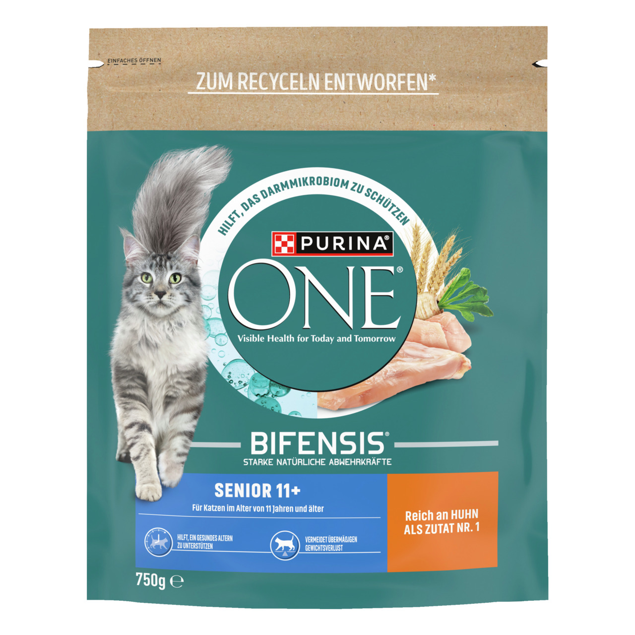 Purina ONE Bifensis Senior 11+, Katzen ab 11 J., Huhn, unterstützt Darmmikrobiom & beugt Übergewicht vor, 750 g.