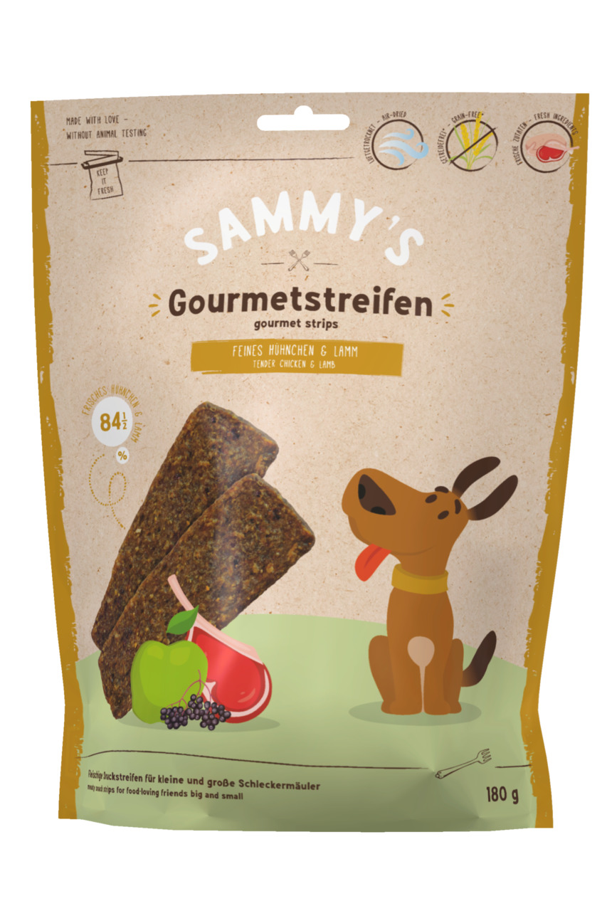bosch Sammy's Gourmetstreifen, Hundesnack, Huhn & Lamm, 180 g, mit Apfel & Trauben, lecker & gesund.