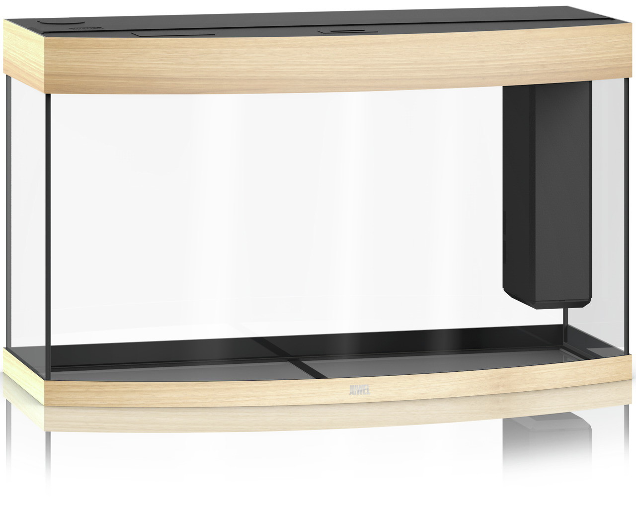 Das Bild zeigt ein JUWEL Vision 260 LED Aquarium in heller Holzoptik mit gebogener Frontscheibe. Es ist ein hochwertiges Aquarium für Aquaristik-Enthusiasten und bietet ein Fassungsvermögen von 260 Litern. Das Design kombiniert Eleganz und Funktionalität,