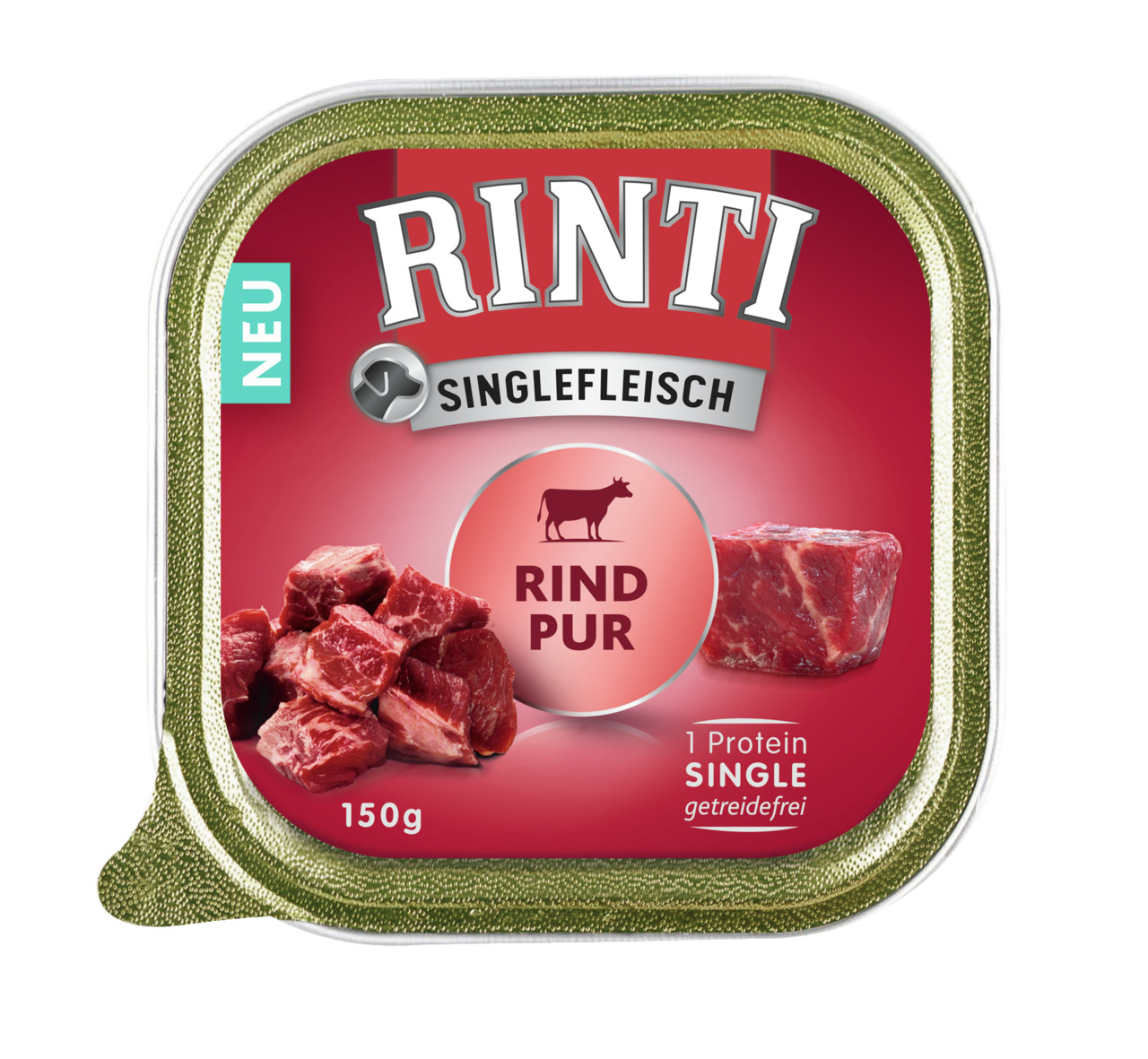 RINTI Singlefleisch Rind Pur, 150g, Hunde, Rind, 1 Protein, Single, getreidefrei, frisches Fleisch, rotes Design mit grünem Rand.