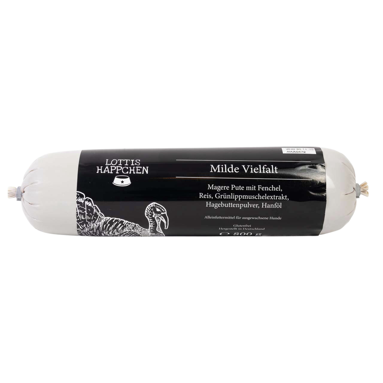 Lottis Häppchen Milde Vielfalt, Alleinfutter f. erw. Hunde, Pute+Fenchel, glutenfrei, 800 g, mit Grünlippmuschel, Hagebutte, Hanföl.