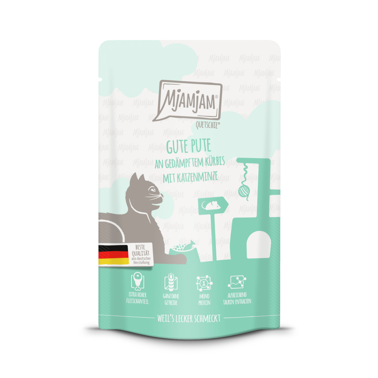 Sparpaket 24 x 125 g Mjamjam Quetschie Gute Pute an gedämpftem Kürbis mit Katzenminze Kürbis Katzen Nassfutter