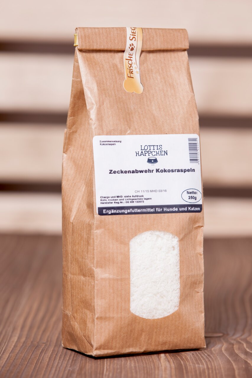 Lottis Häppchen Zeckenabwehr Kokosraspeln, Ergänzungsfuttermittel f. Hunde-Katzen, 250 g, natürliche Zeckenabwehr.