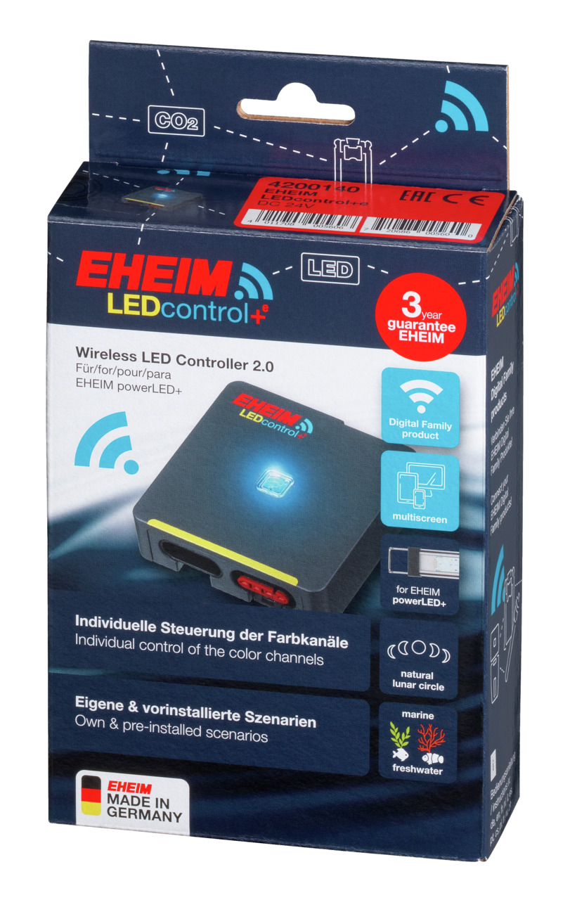 Das Bild zeigt die Verpackung des Produkts „EHEIM LEDcontrol+ Wireless LED Controller 2.0“. Es handelt sich um ein Zubehör für Aquarien, speziell für die Steuerung der EHEIM powerLED+. Die Zielgruppe sind Aquarienbesitzer. Funktionen: individuelle Farbkan