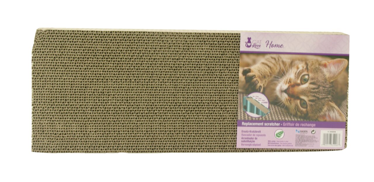 Ersatz-Kratzbrett Catlove für Katzen, Krallenpflege, Möbelschutz, rechteckig, Pappe, spielende Katze auf Verpackung, Maße sichtbar.