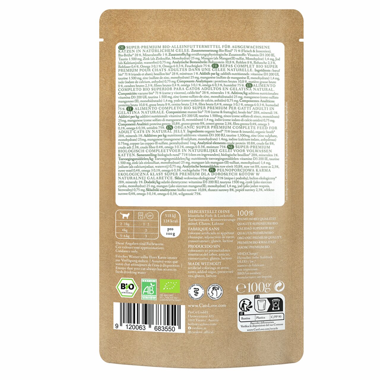 Cat's Love Bio Alleinfuttermittel, Katzenfutter f. ausgew. Katzen, 100 g, Bio-zertifiziert, Recyclinghinweise.