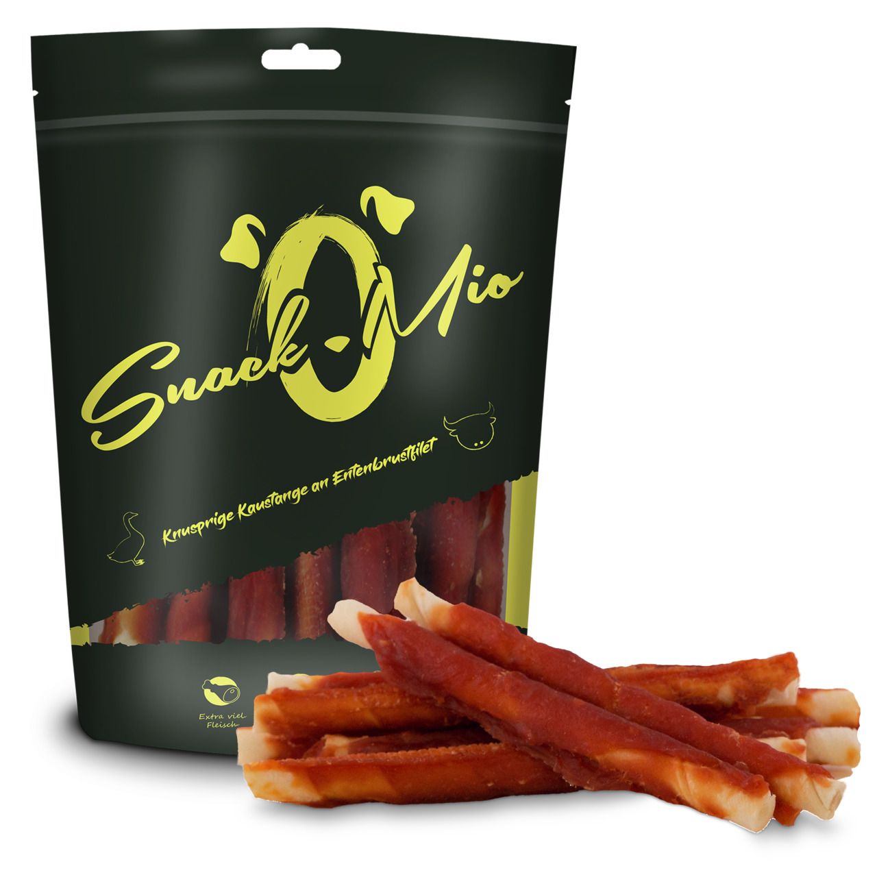 SnackOMio Hundesnack: Knusprige Kaurollen mit Entenbrustfilet, „Extra viel Fleisch“, für Hunde. Menge: sichtbar auf Verpackung.