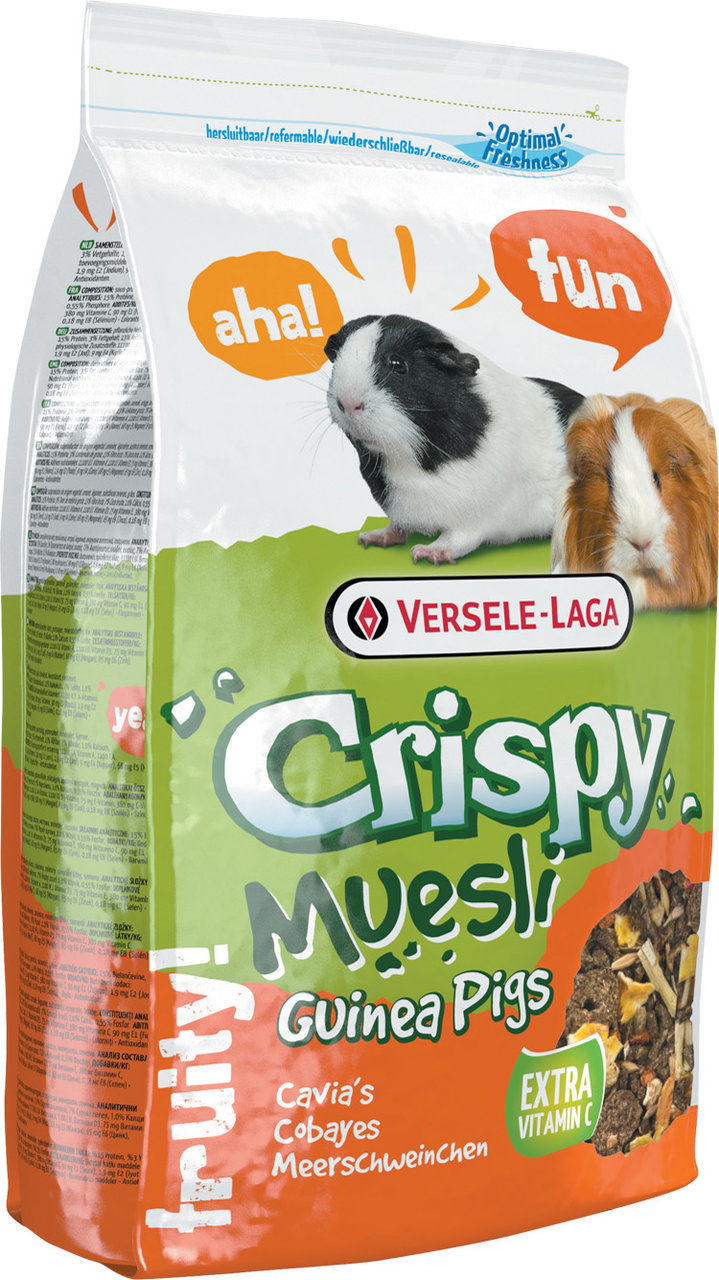 Versele-Laga Crispy Muesli Guinea Pigs, Müsli-Futter f. Meerschweinchen, extra Vit. C, 1 kg, bunt, Slogans „aha!“ & „fun“.