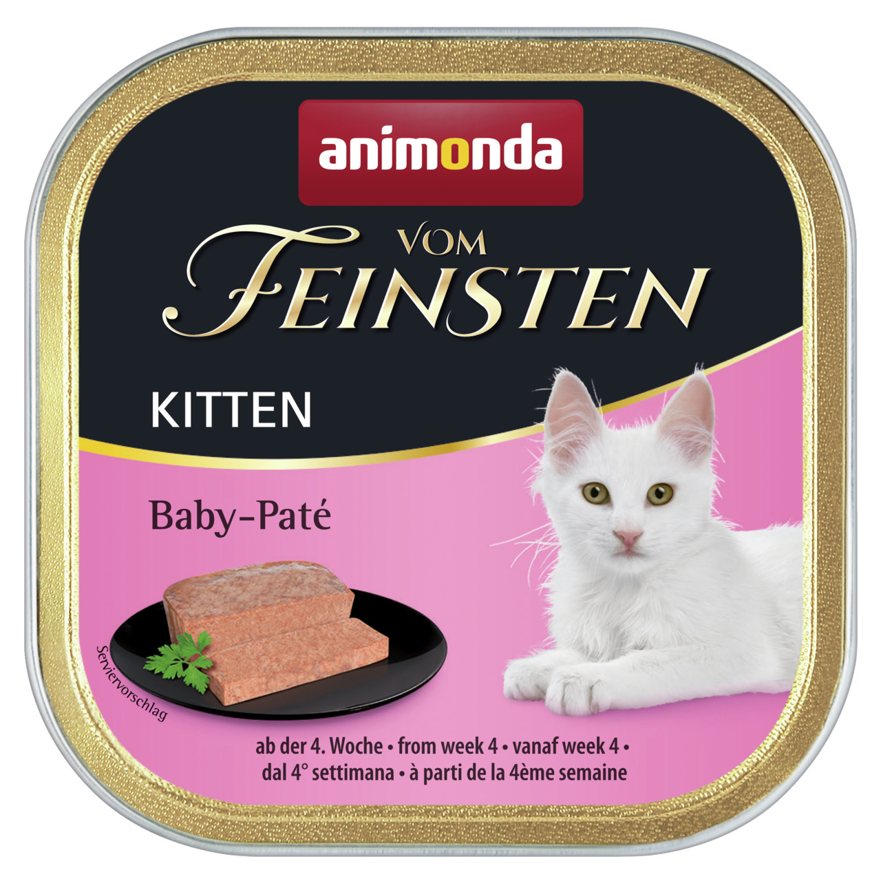 Animonda Vom Feinsten Kitten Baby-Paté, für Kätzchen ab 4. Woche, 1 Portion, Geschmacksrichtung nicht angegeben, mit weißem Kätzchen.